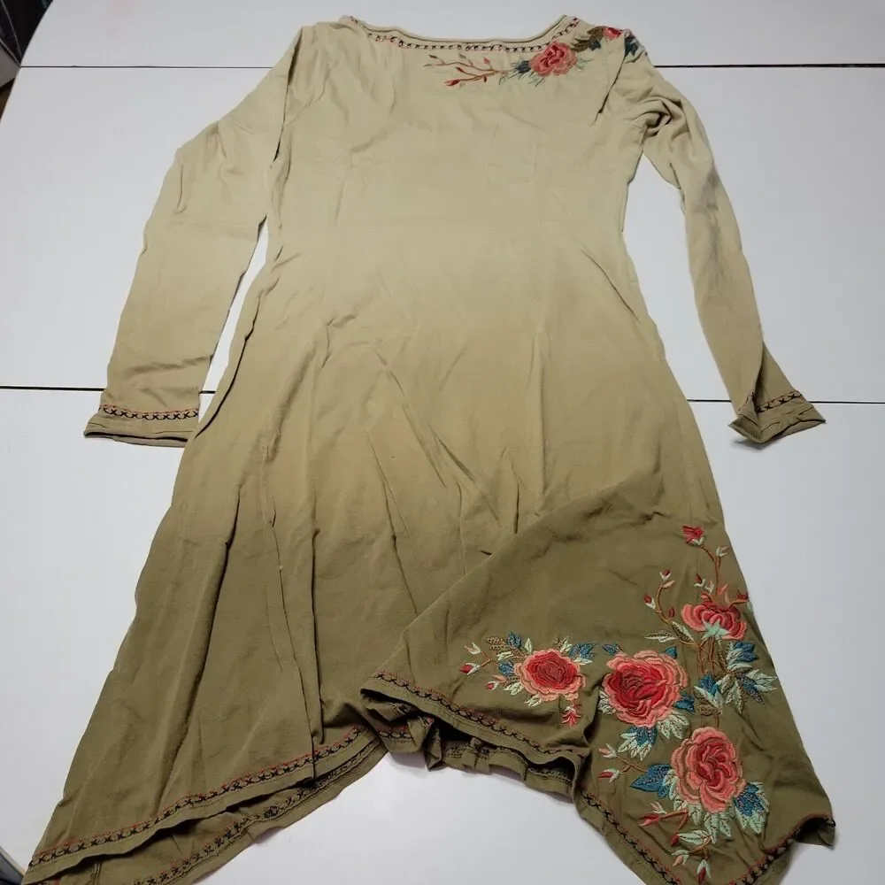 JW Los Angeles Womens S Dress‎ Green Embroidered Scoop Neck Long Sleeve Pullover